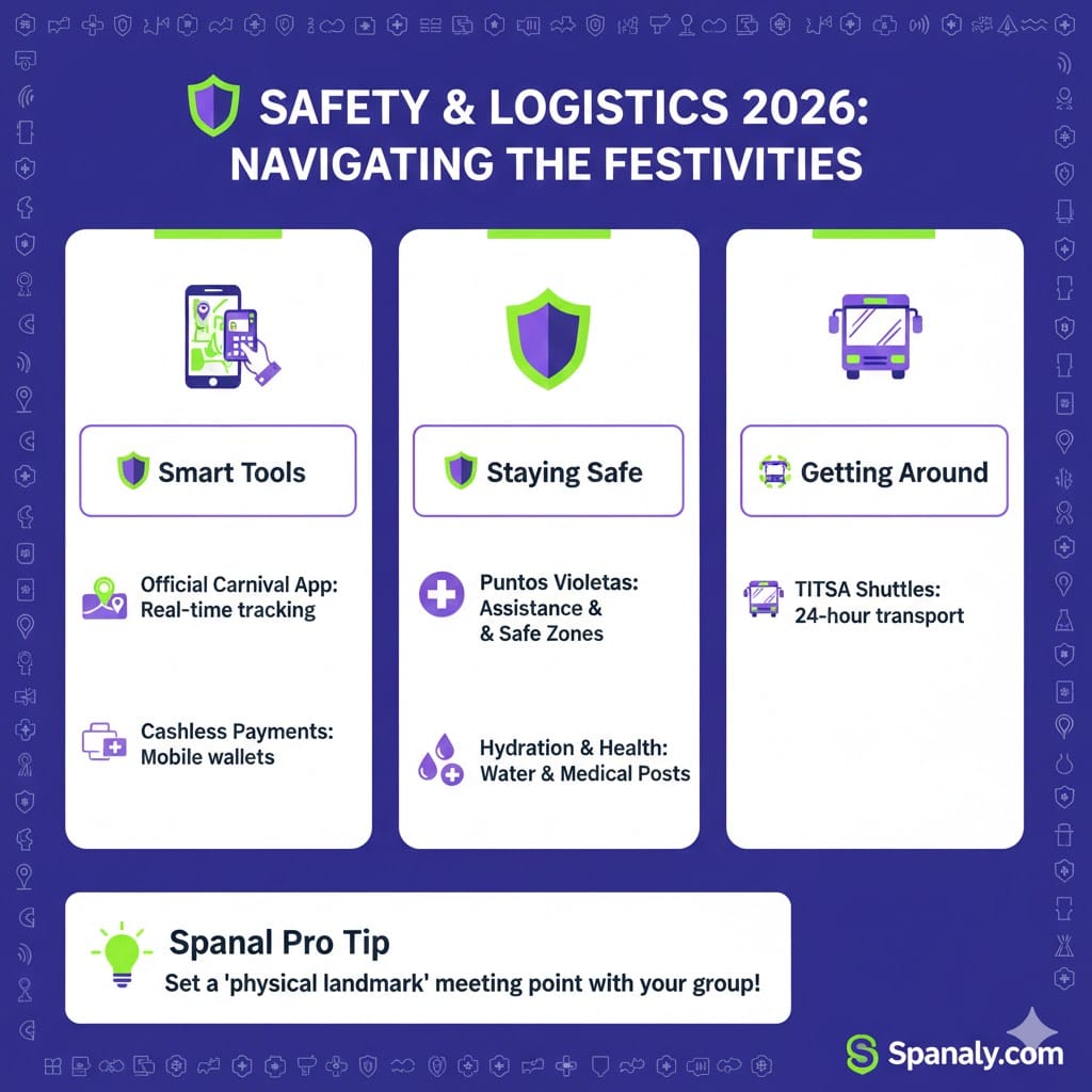 Technical infographic for Tenerife Carnival 2026 safety and logistics, featuring smart tools, Puntos Violetas for security, medical hydration stations, and 24-hour TITSA bus shuttles.