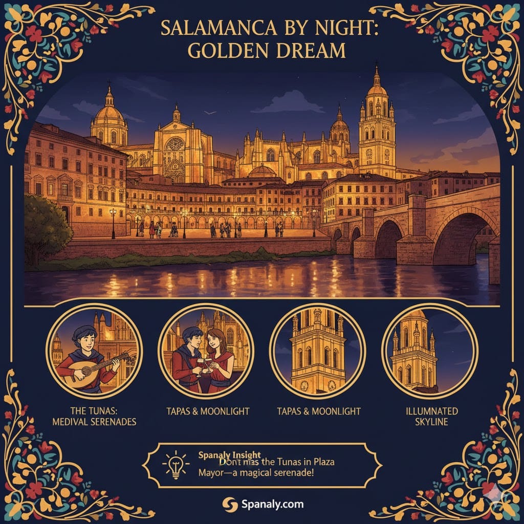 A colorful infographic of Salamanca by night, showcasing the city's golden illumination. The image features the illuminated skyline reflecting in the Tormes river, a Tunas group in medieval costumes, a couple enjoying tapas under the moonlight, and the glowing cathedral towers, with a Spanaly insight about night serenades.