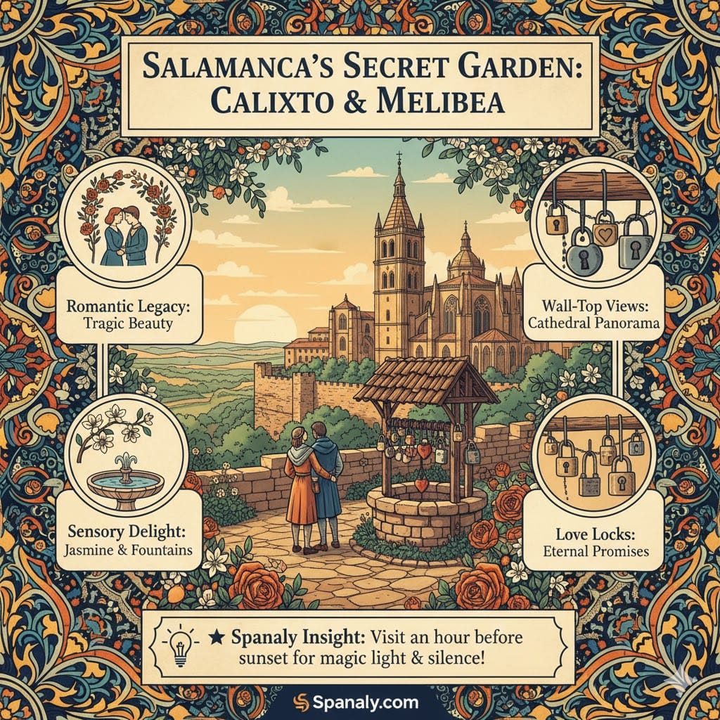 A colorful infographic showcasing the Garden of Calixto and Melibea in Salamanca, Spain. The image features a romantic couple overlooking the city walls with the Cathedral in the background, a well with love locks, and decorative floral elements representing jasmine and roses, with Spanaly branding.