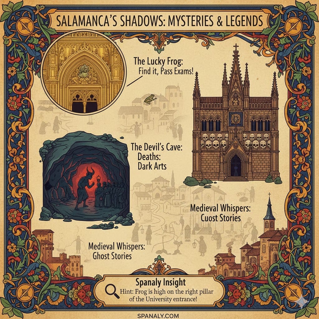 A colorful infographic showcasing the mysteries of Salamanca, Spain. The image features the 'Lucky Frog' on the university facade, the mystical 'Devil's Cave', the 'House of Deaths' with carved skulls, and a section on medieval ghost stories, including a Spanaly insight on how to find the secret frog.