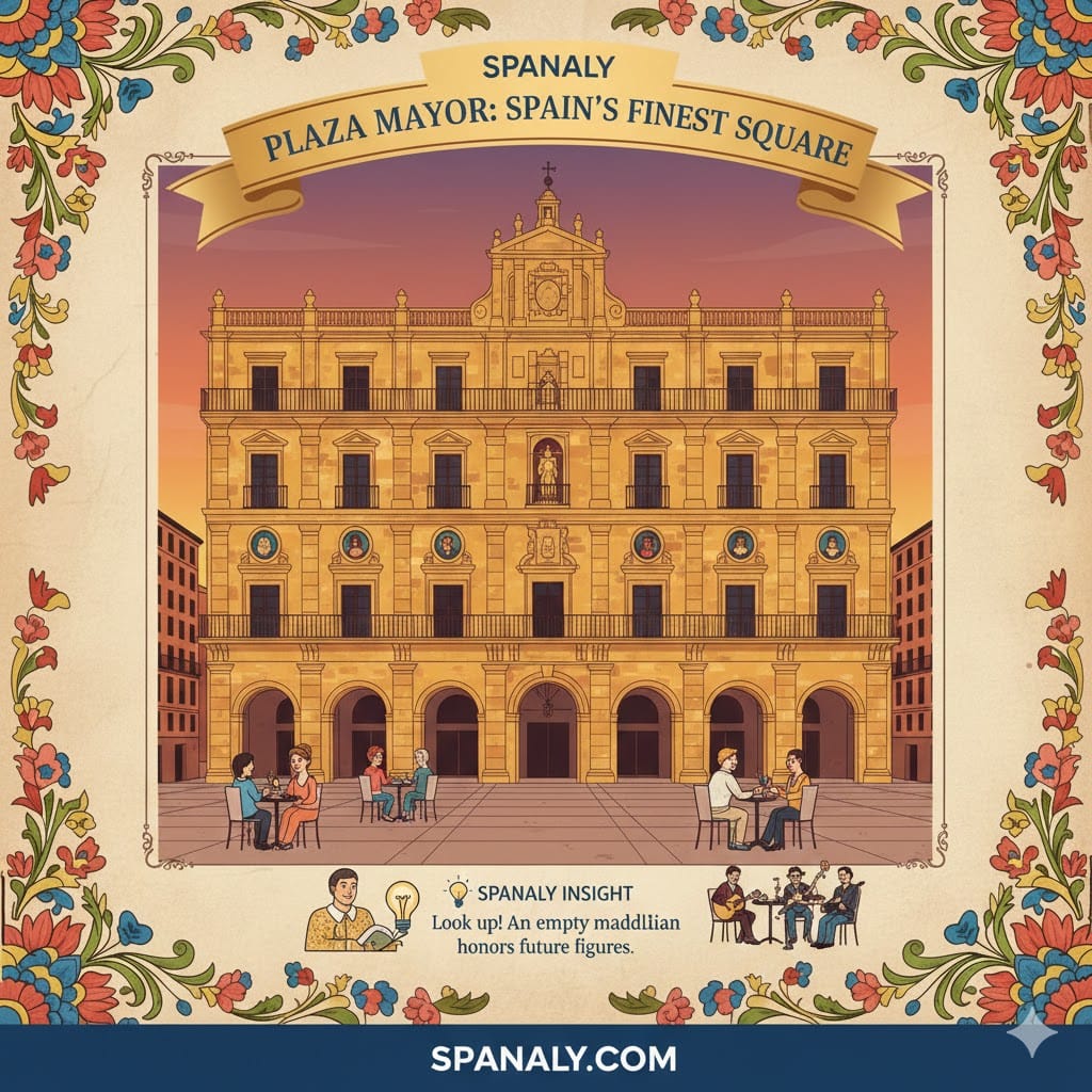 A colorful infographic of Plaza Mayor in Salamanca, Spain, showcasing its Baroque architecture and golden sandstone arches during sunset. The image highlights the cafe culture at Café Novelty, the carved medallions of kings, and the vibrant nightlife energy, with a Spanaly insight about the empty medallions.