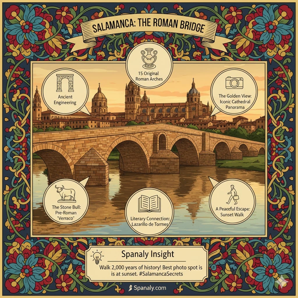 A colorful infographic of the Roman Bridge in Salamanca, featuring its ancient stone arches over the Tormes River. The image highlights its Roman engineering, the Celtic stone bull statue, its literary connection to Lazarillo de Tormes, and the iconic cathedral skyline view at sunset, with Spanaly.com branding.