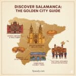 A comprehensive travel map of Spain highlighting Salamanca, featuring artistic hand-drawn illustrations of the Ancient University, the Golden Cathedral architecture, the Roman Bridge, Hornazo pastry, and Tunas musicians in Plaza Mayor, with the title 'Discover Salamanca: The Golden City Guide' and Spanaly.com branding.