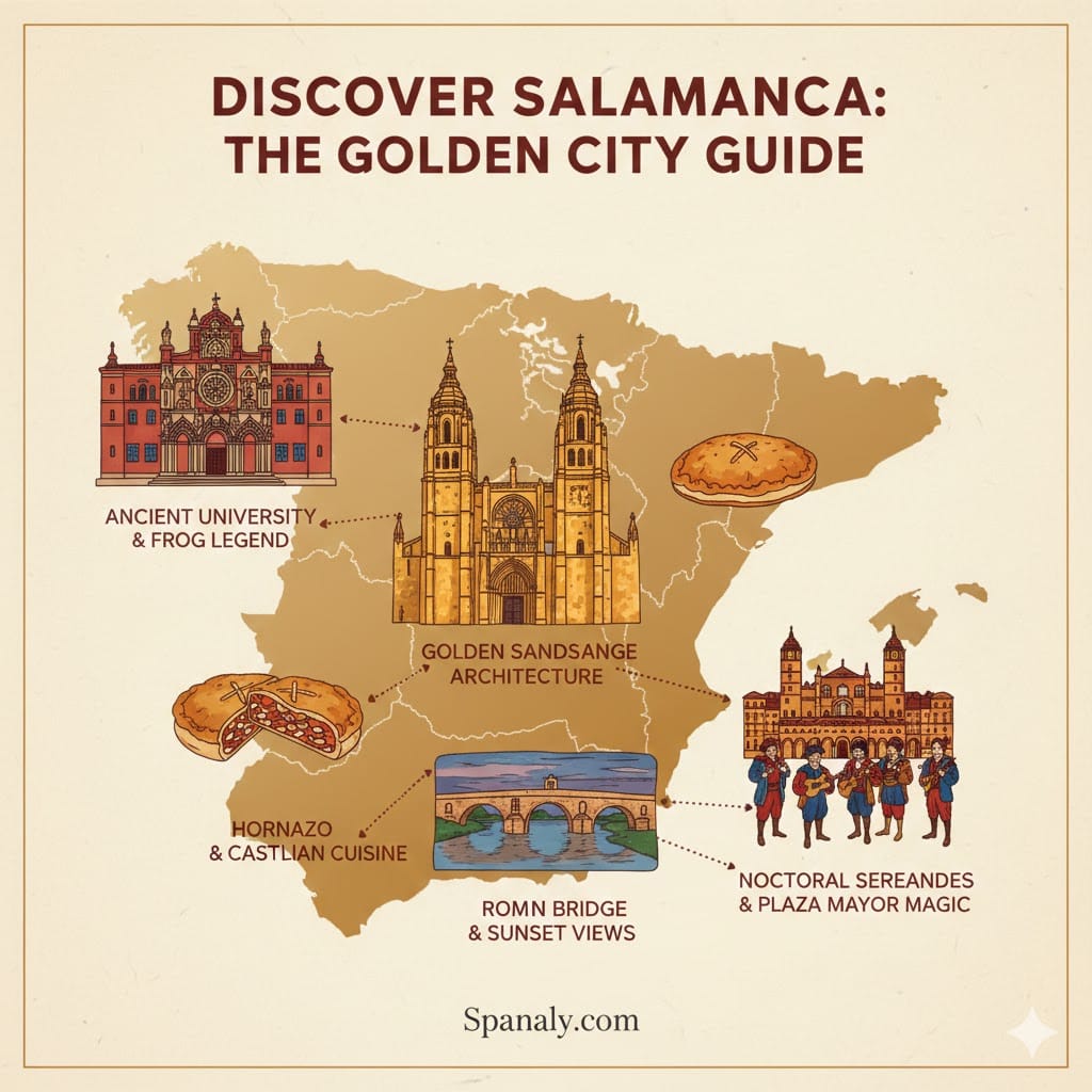 A comprehensive travel map of Spain highlighting Salamanca, featuring artistic hand-drawn illustrations of the Ancient University, the Golden Cathedral architecture, the Roman Bridge, Hornazo pastry, and Tunas musicians in Plaza Mayor, with the title 'Discover Salamanca: The Golden City Guide' and Spanaly.com branding.