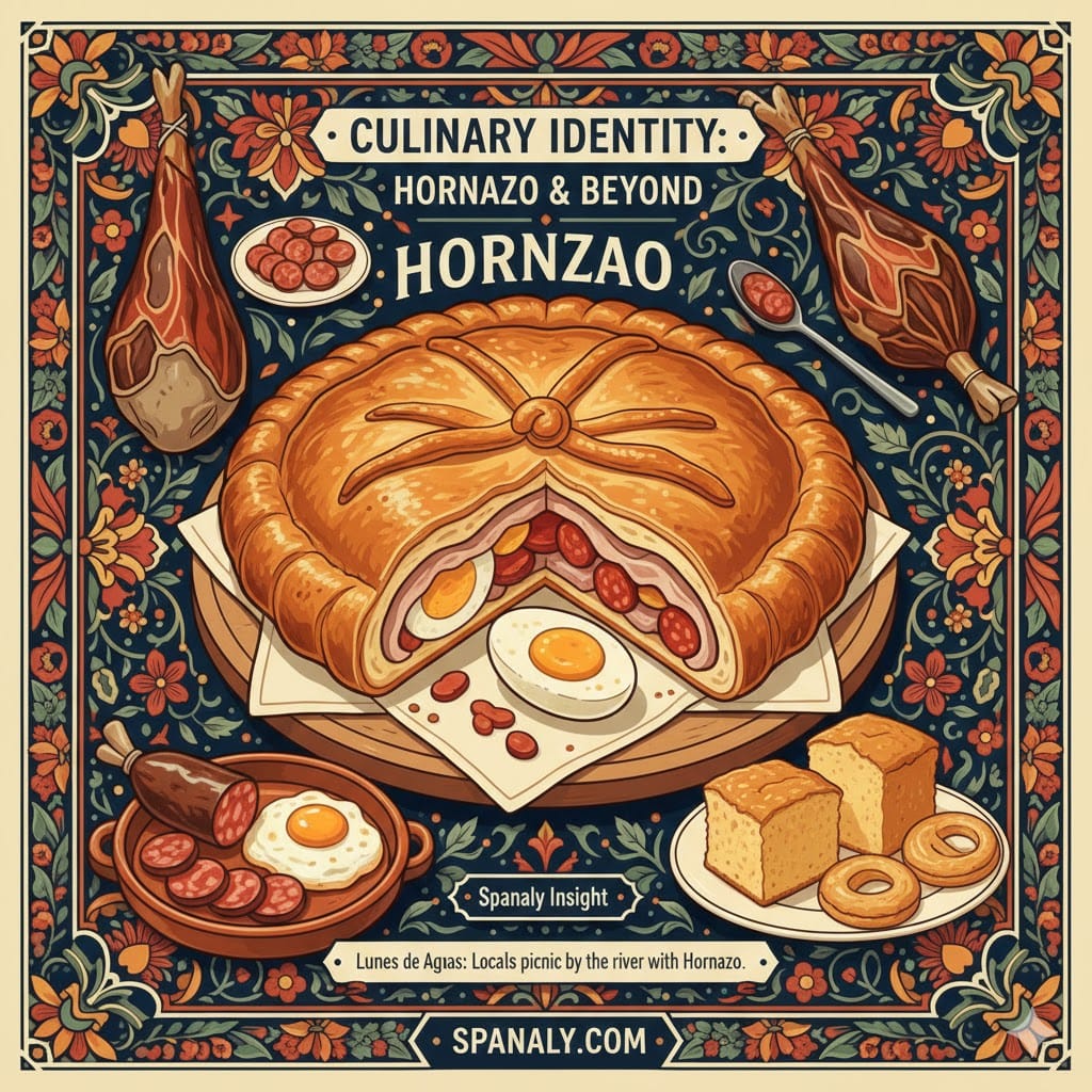 A colorful infographic showcasing the traditional gastronomy of Salamanca, Spain. The image features the famous Hornazo meat pie, Jamón Ibérico, Farinato with fried eggs, and Bollo Maimón sponge cake, set against a decorative Castilian floral border with Spanaly branding.