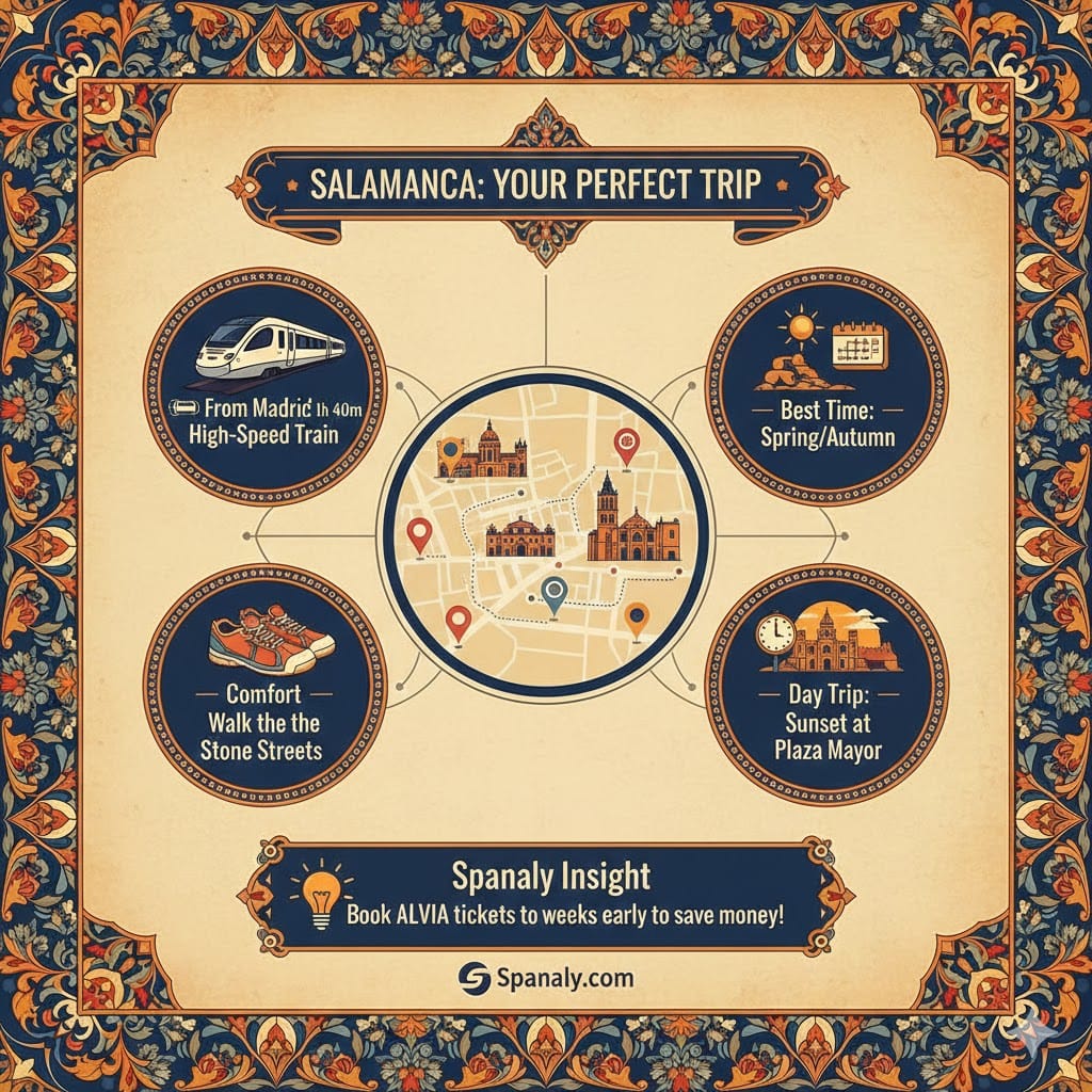 A colorful travel infographic for Salamanca, Spain, showing logistics for a day trip from Madrid. It includes icons for the ALVIA high-speed train, a city map highlighting key landmarks, the best seasons (spring and autumn), a pair of walking shoes for stone streets, and a Spanaly insight about booking train tickets in advance.