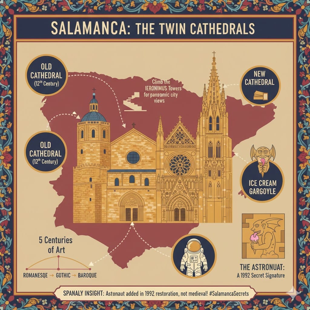 A colorful infographic of Salamanca's Twin Cathedrals, showing the architectural transition from Romanesque to Gothic and Baroque. The image highlights key features: the 12th-century Old Cathedral, the New Cathedral, the famous 1992 astronaut carving, and the ice cream-eating gargoyle, set against a map of Spain with Spanaly.com branding.