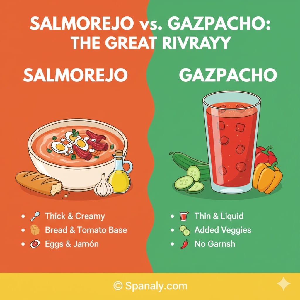 A colorful comparison infographic for 2026 showing the differences between Salmorejo (thick and creamy) and Gazpacho (thin and liquid) with their respective ingredients and textures.