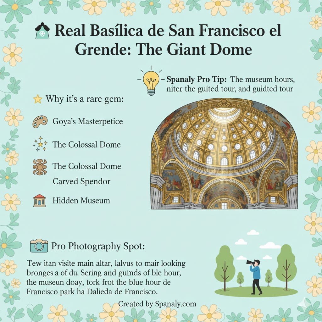 A colorful infographic about Real Basílica de San Francisco el Grande in Madrid, featuring its giant dome, Goya paintings, and Spanaly.com travel tips.