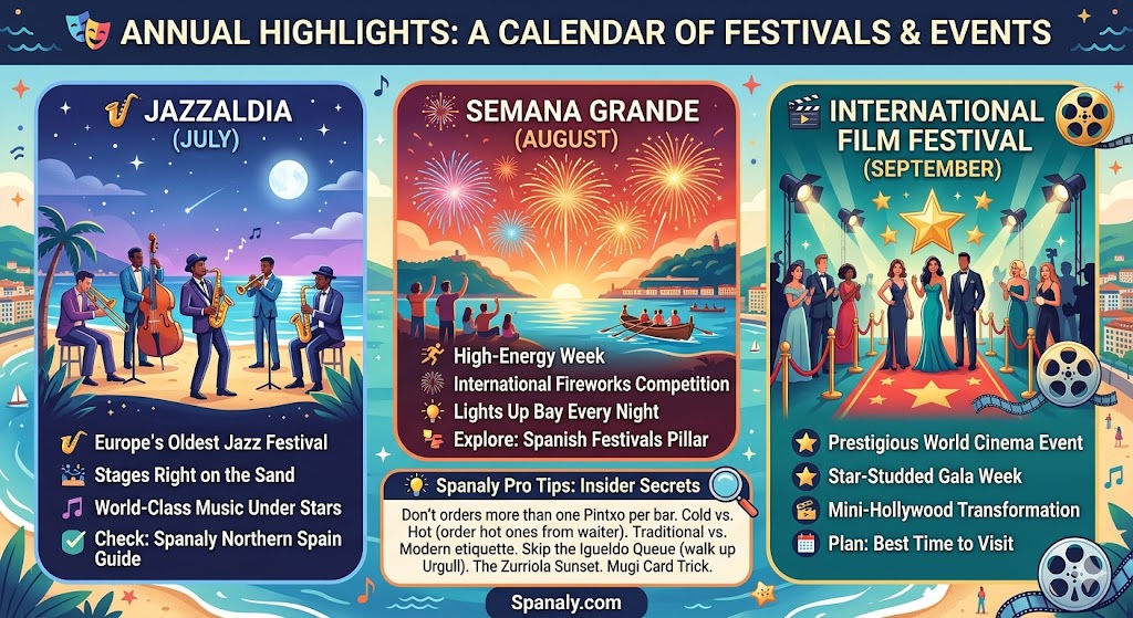 Infographic calendar of San Sebastian festivals featuring Jazzaldia on the beach, Semana Grande fireworks, and the International Film Festival red carpet.