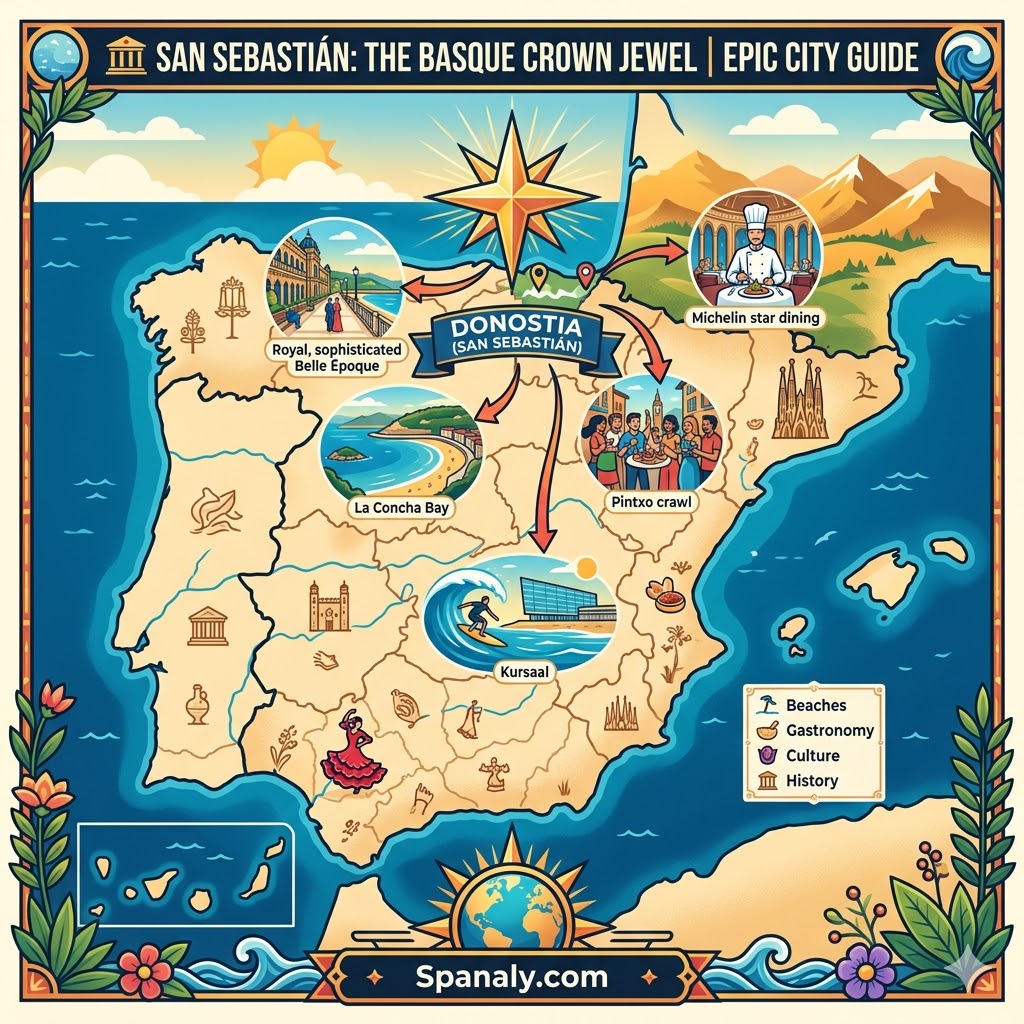 An epic infographic map of Spain highlighting San Sebastian as the Basque crown jewel with icons for Michelin dining, La Concha bay, and Pintxo culture.