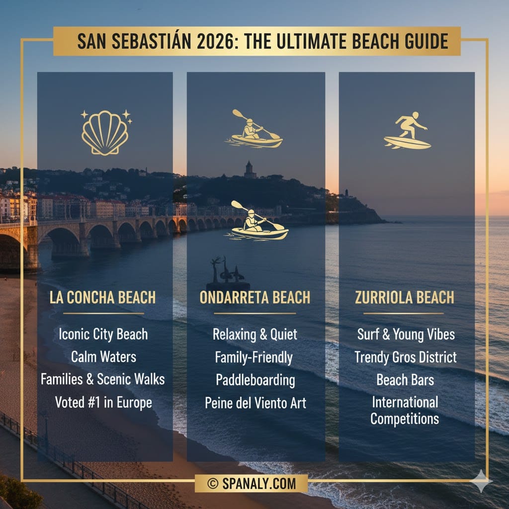 San Sebastián 2026 beach guide infographic on a map of Spain, featuring La Concha for families, Zurriola for surfing, and Ondarreta for relaxation, created by Spanaly.com to help travelers choose the best coastal experience in the Basque Country