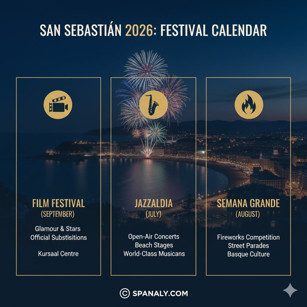 Infographic of San Sebastián 2026 cultural festivals on a map of Spain, including the International Film Festival, Jazzaldia beach concerts, and Semana Grande fireworks, designed by Spanaly.com for Basque Country travelers