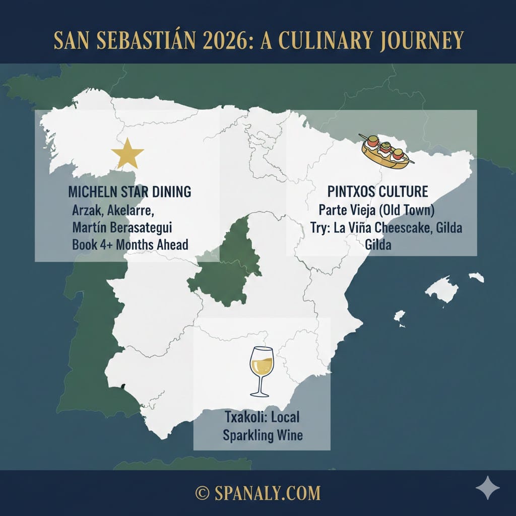 Travel infographic for San Sebastián 2026 highlighting Basque gastronomy including Michelin-star restaurants like Arzak, traditional Pintxos bars in Parte Vieja, and local Txakoli wine on a map of Spain by Spanaly.com