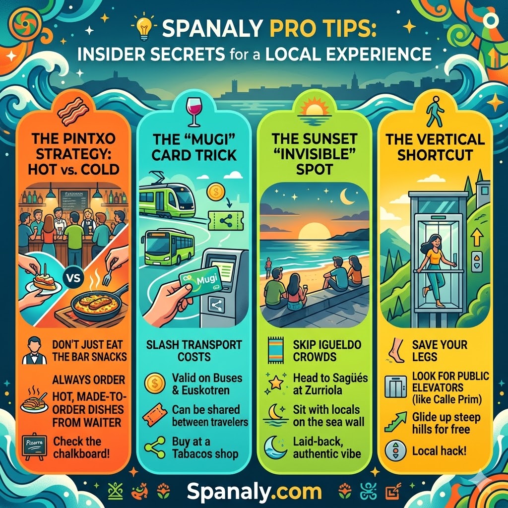 Infographic with insider travel tips for San Sebastian, including the hot pintxo strategy, Mugi transport card hack, and hidden public elevators.