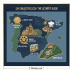 An artistic 2026 travel guide cover for San Sebastián featuring a stylized map of Spain with icons of La Concha beach, Michelin-star dining, and Basque culture, created by Spanaly.com.