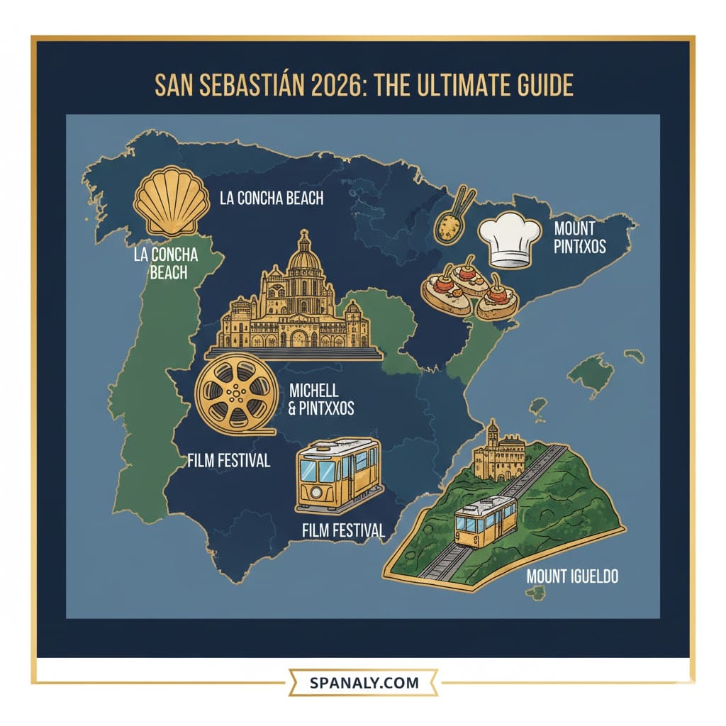 An artistic 2026 travel guide cover for San Sebastián featuring a stylized map of Spain with icons of La Concha beach, Michelin-star dining, and Basque culture, created by Spanaly.com.