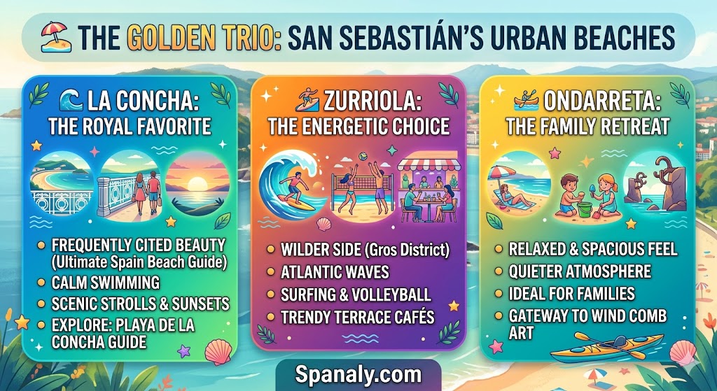 Infographic comparing the three main beaches of San Sebastian: La Concha for royal elegance, Zurriola for surfing, and Ondarreta for families.