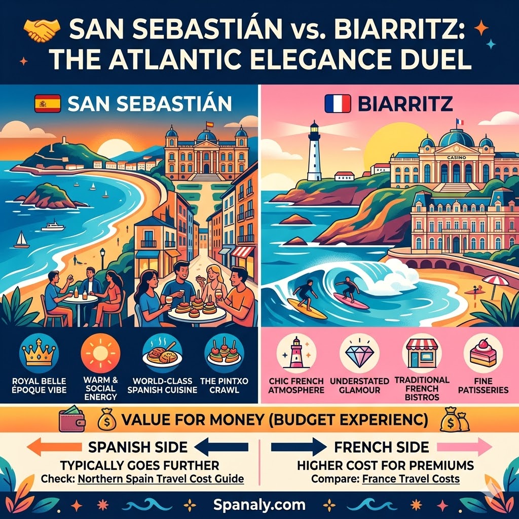 A side-by-side comparison infographic between San Sebastian, Spain and Biarritz, France, highlighting food culture, vibes, and travel costs.
