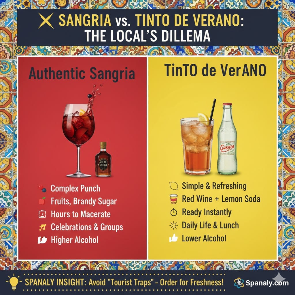 A side-by-side comparison infographic between Authentic Sangria and Tinto de Verano. Left side shows Sangria with fruits and brandy on a red background; right side shows Tinto de Verano with lemon soda on a yellow background, with key differences in ingredients and preparation.