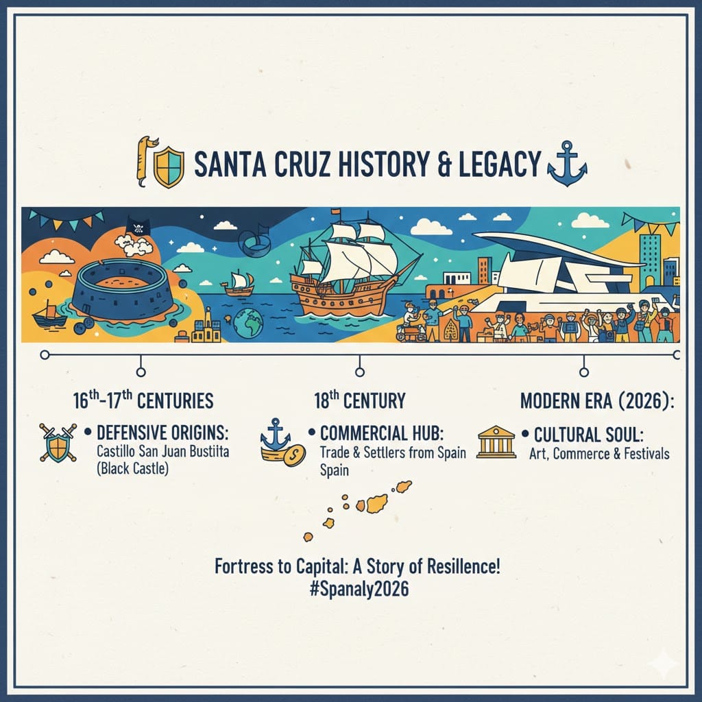 A colorful 2026 timeline infographic of Santa Cruz de Tenerife history, featuring the Black Castle, 18th-century ships, and the modern Auditorio with a small map of Spain.