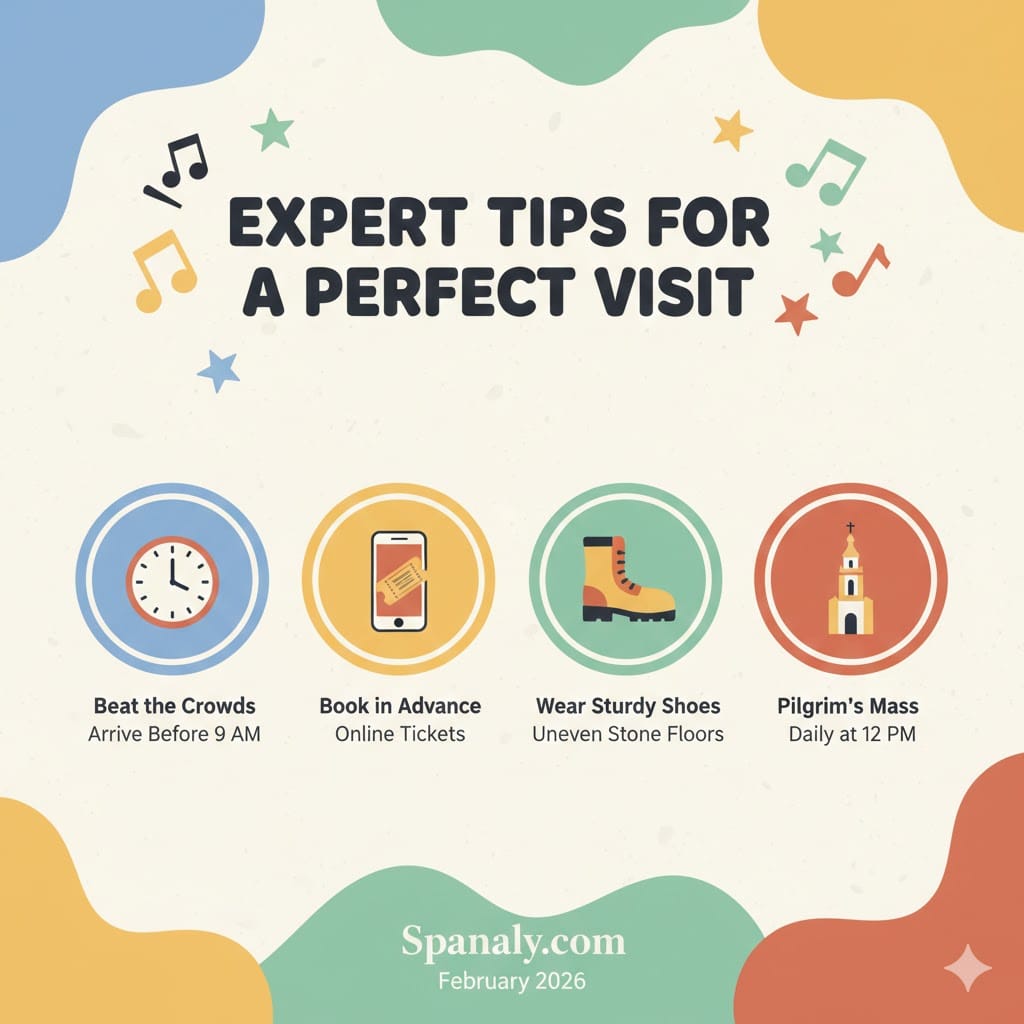 An infographic by Spanaly providing expert tips for visiting Santiago de Compostela Cathedral, including beating the crowds, booking online, wearing sturdy shoes, and attending the Pilgrim's Mass.