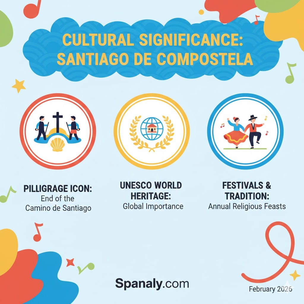 An infographic by Spanaly highlighting the cultural significance of Santiago de Compostela Cathedral, featuring its pilgrimage icon status, UNESCO World Heritage recognition, and traditional festivals.