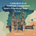 Artistic illustration of the Santiago de Compostela Cathedral in Galicia on a map of Spain, marked with a pin for Spanaly's pilgrimage travel guide