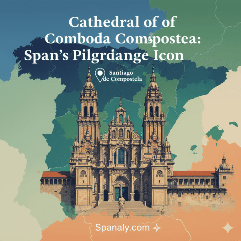 Artistic illustration of the Santiago de Compostela Cathedral in Galicia on a map of Spain, marked with a pin for Spanaly's pilgrimage travel guide