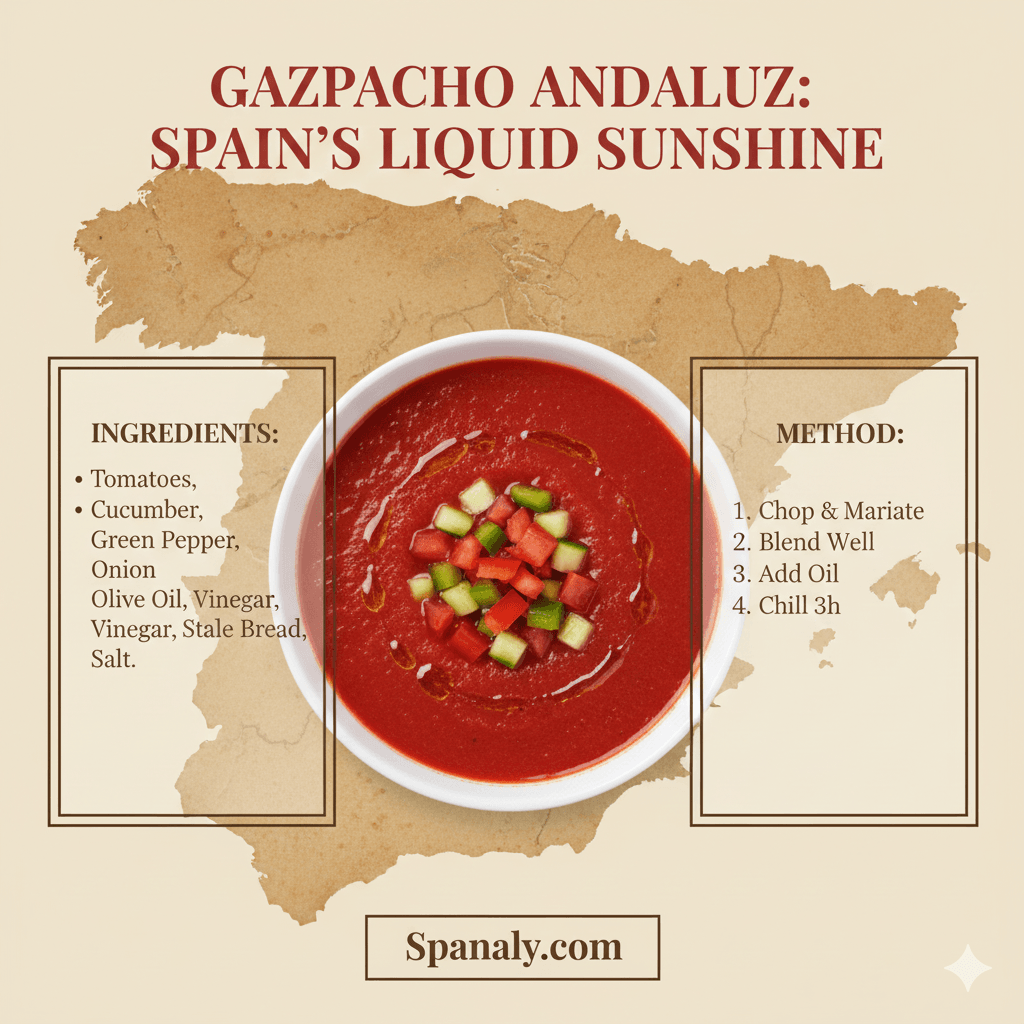 Infographic recipe card for Gazpacho Andaluz featuring ingredients, preparation steps, and a map of Spain for Spanaly.com