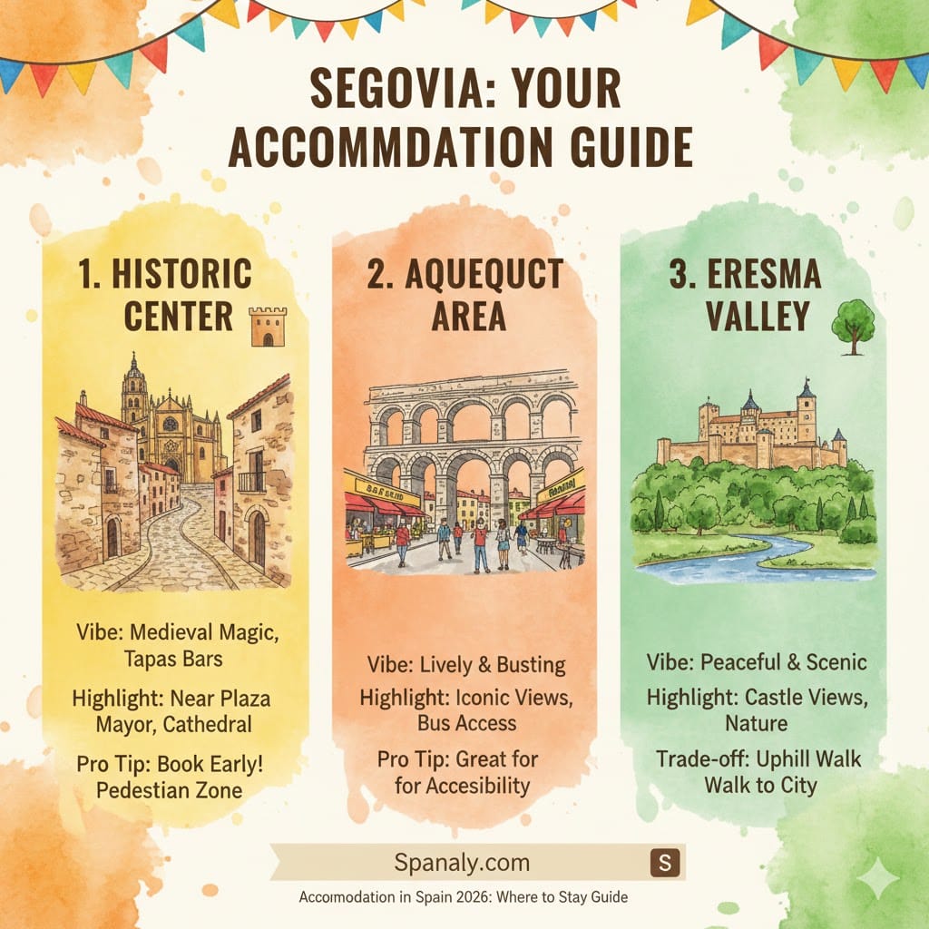 An infographic guide to where to stay in Segovia, comparing three main areas: the Historic Center, the Aqueduct Area, and Eresma Valley, with pros and tips for each location.