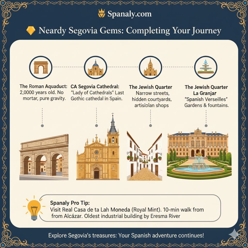 Infographic of Segovia's top landmarks including the Roman Aqueduct, Segovia Cathedral, the Jewish Quarter, and La Granja Palace with Spanaly travel tips.