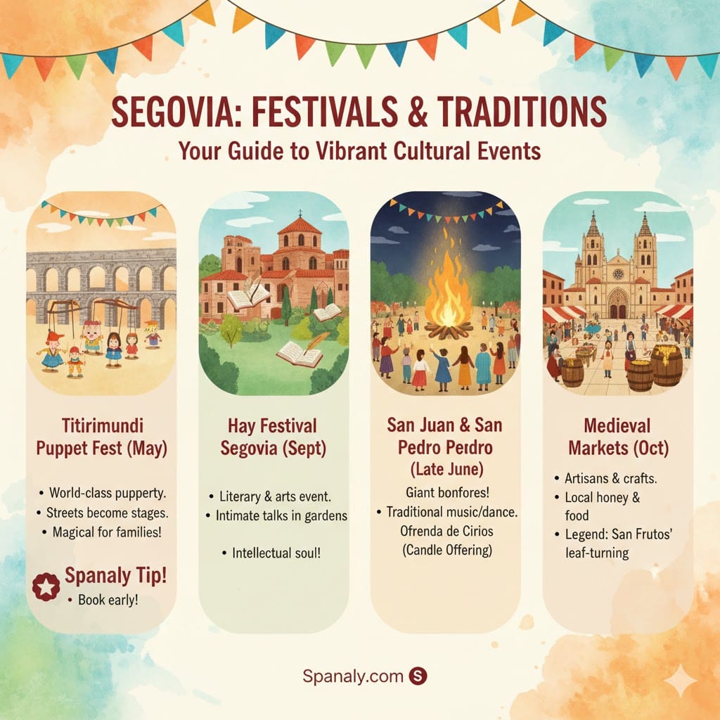 A cultural infographic of Segovia’s festivals featuring the Titirimundi Puppet Festival, Hay Festival, San Juan bonfires, and the Medieval Markets with San Frutos legend.