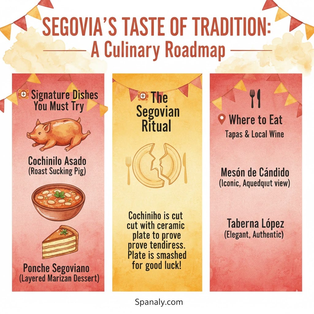 A culinary infographic for Segovia showcasing signature dishes like Roast Suckling Pig, Judiones beans, and Ponche Segoviano, including the famous ceramic plate-cutting ritual and top restaurant recommendations.