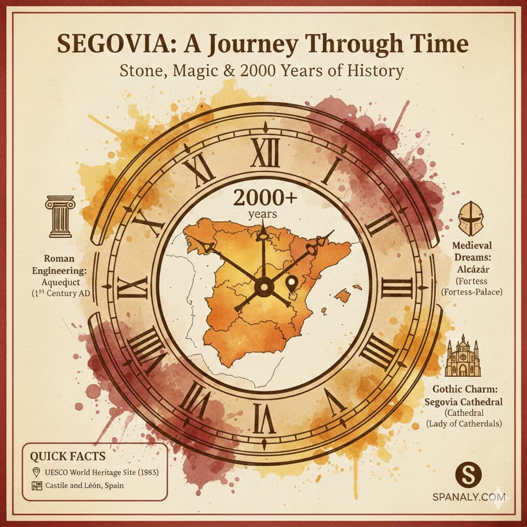 An educational infographic of Segovia featuring a historical clock timeline, a map of Spain, and quick facts about the Roman Aqueduct, Alcázar, and the Gothic Cathedral.