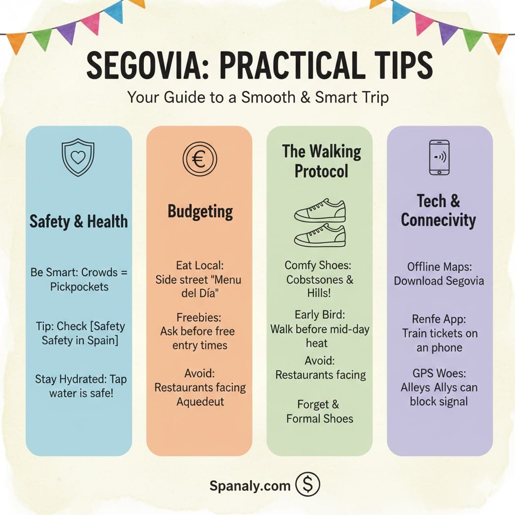 A practical travel infographic for Segovia featuring essential tips on safety, budgeting, the walking protocol for cobblestone streets, and connectivity advice for tourists.