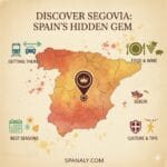 A featured travel map of Spain highlighting Segovia with icons for transportation, gastronomy, seasons, and culture, titled Discover Segovia: Spain's Hidden Gem by Spanaly.com.