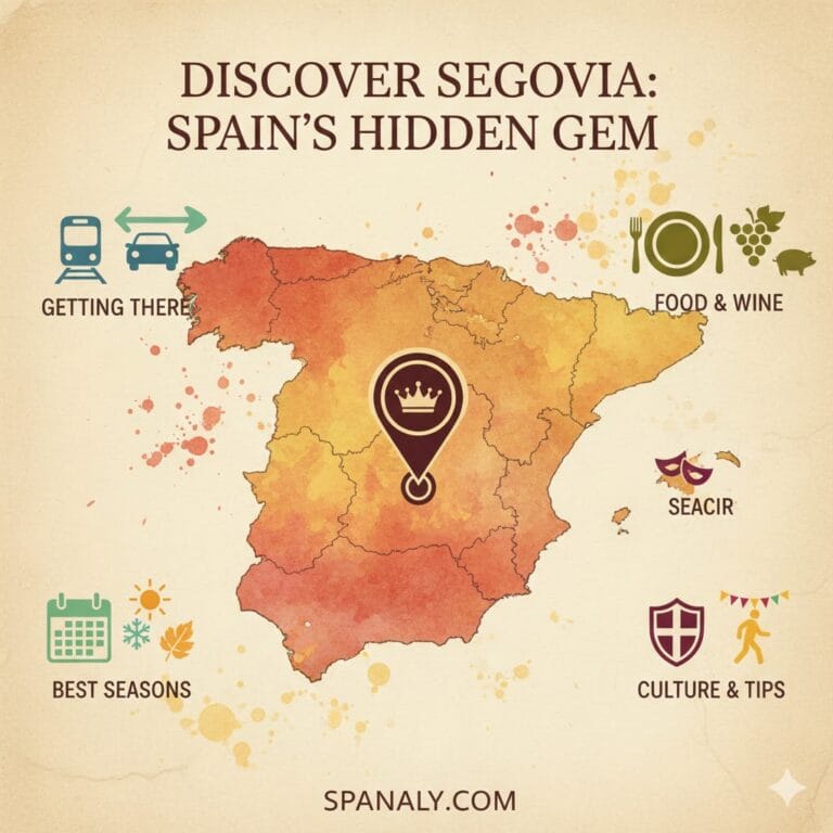 A featured travel map of Spain highlighting Segovia with icons for transportation, gastronomy, seasons, and culture, titled Discover Segovia: Spain's Hidden Gem by Spanaly.com.
