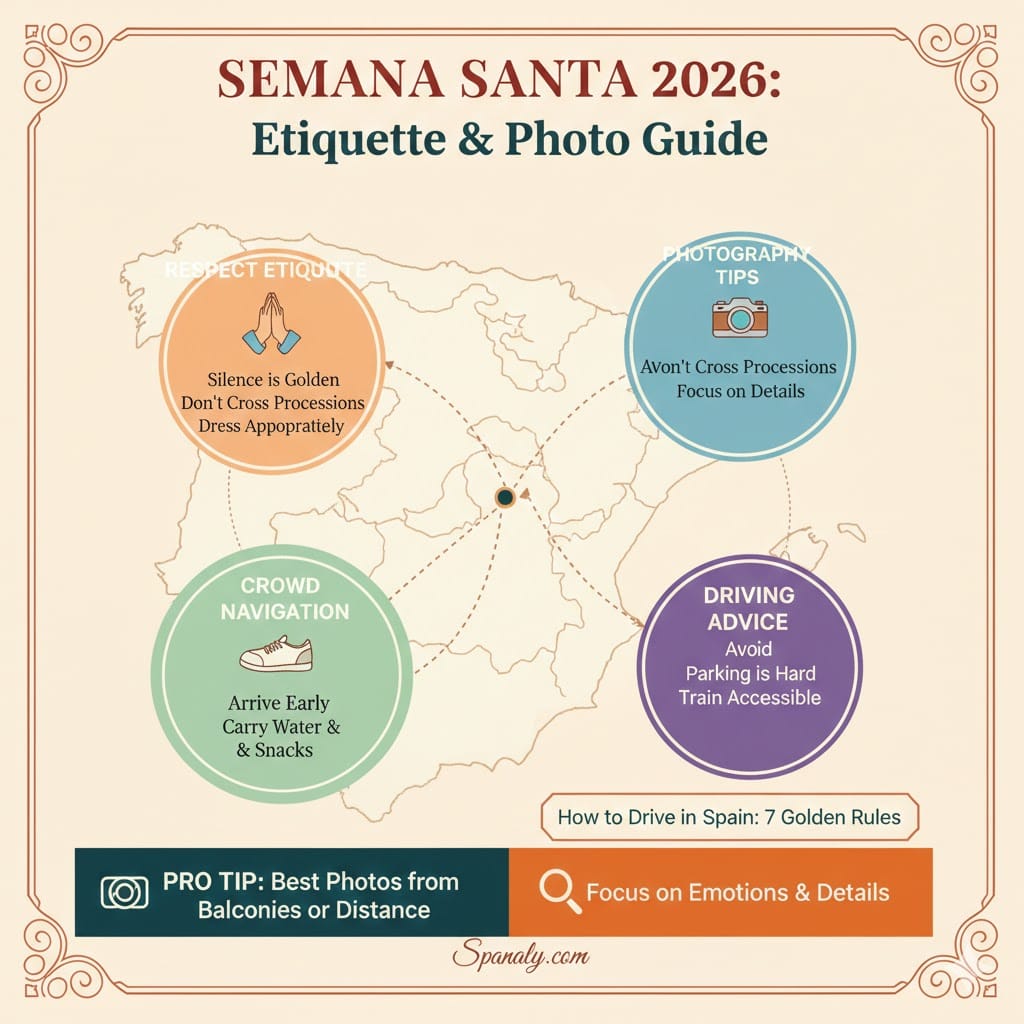 An infographic guide for Semana Santa 2026 etiquette and photography in Spain, covering silence, crowd navigation, and driving advice.