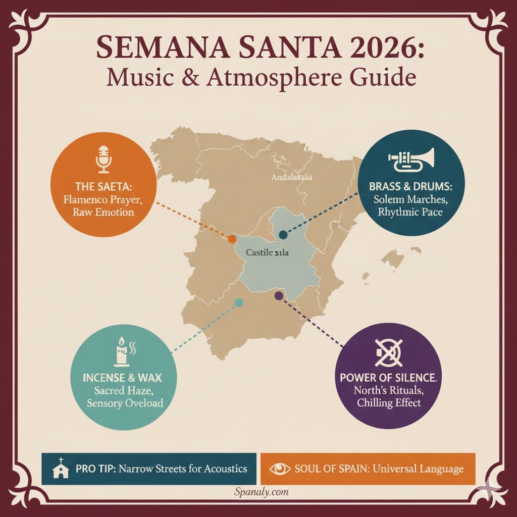 An infographic guide to the music and atmosphere of Semana Santa 2026 in Spain, featuring Saeta singing, brass bands, and the power of silence in the North.