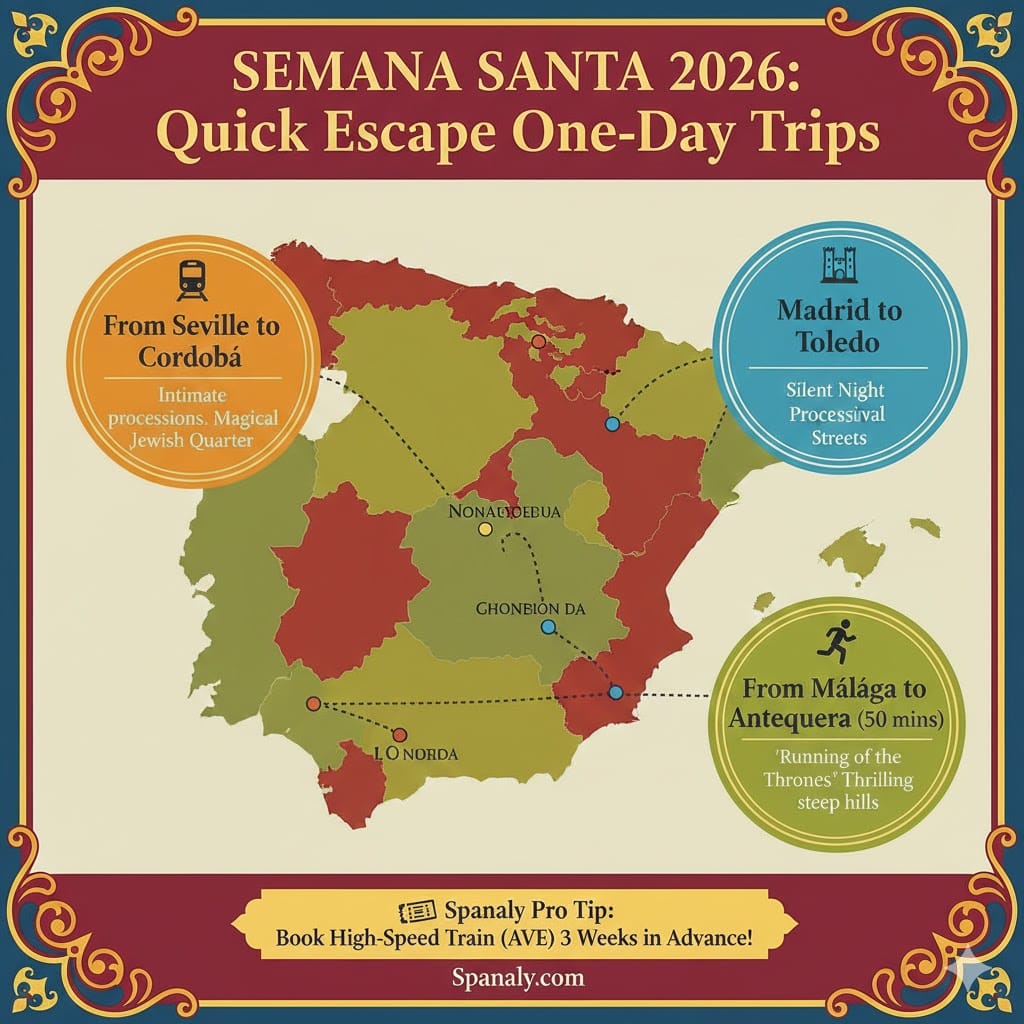 An infographic guide for Semana Santa 2026 one-day trips in Spain, featuring routes from Seville to Córdoba, Málaga to Antequera, and Madrid to Toledo with travel times.