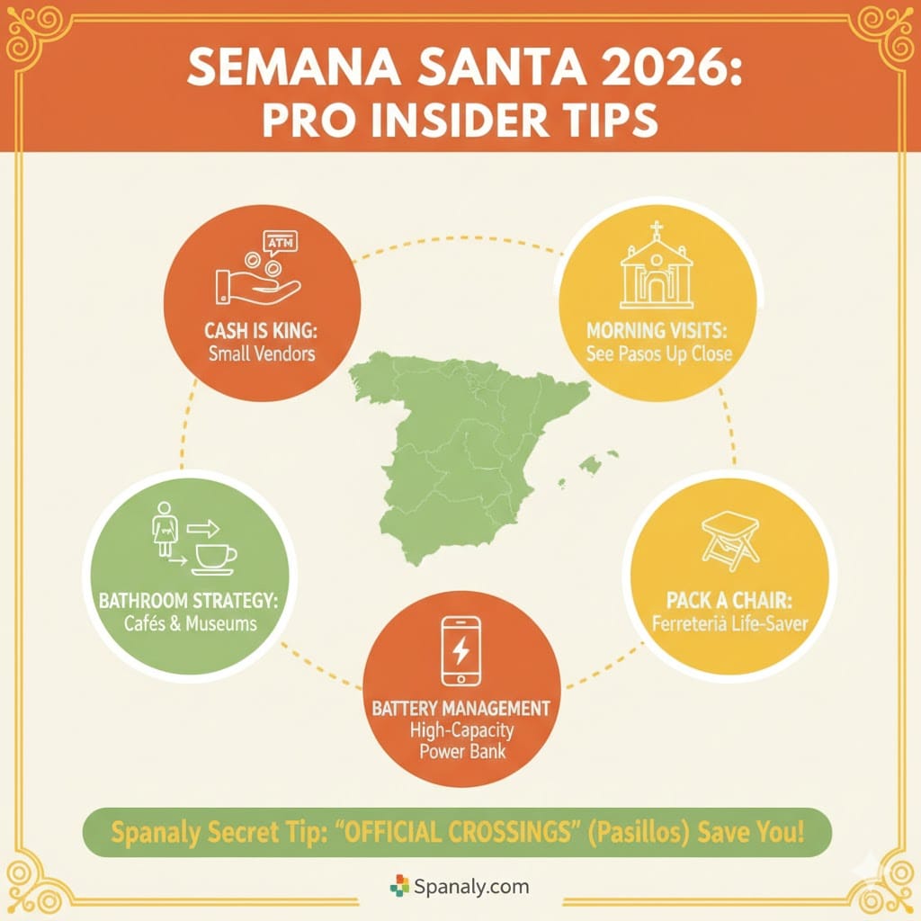A vibrant infographic with pro insider tips for Semana Santa 2026, including morning church visits, bathroom strategies, power bank essentials, and cash advice.