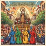 A colorful illustration of Semana Santa 2026 in Spain, showing a traditional religious procession with Nazarenos in vibrant robes, orange trees, and a joyful crowd in a cartoon art style.