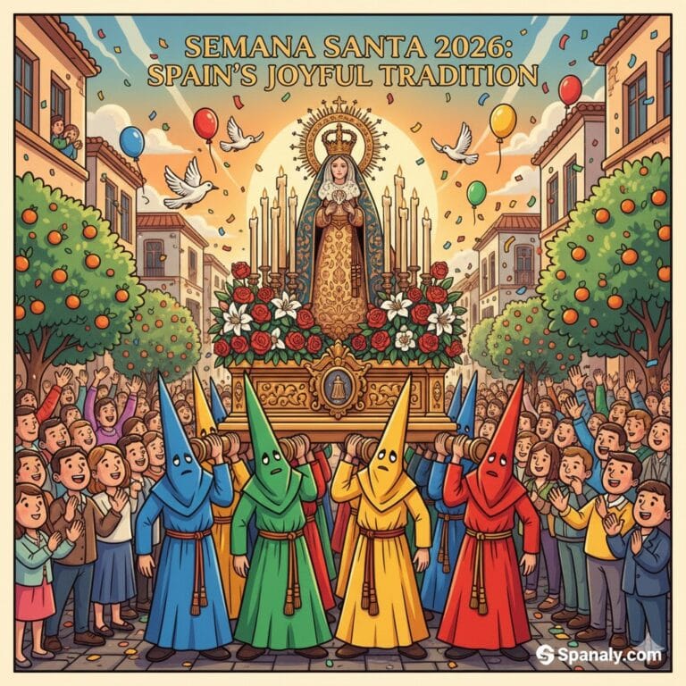A colorful illustration of Semana Santa 2026 in Spain, showing a traditional religious procession with Nazarenos in vibrant robes, orange trees, and a joyful crowd in a cartoon art style.
