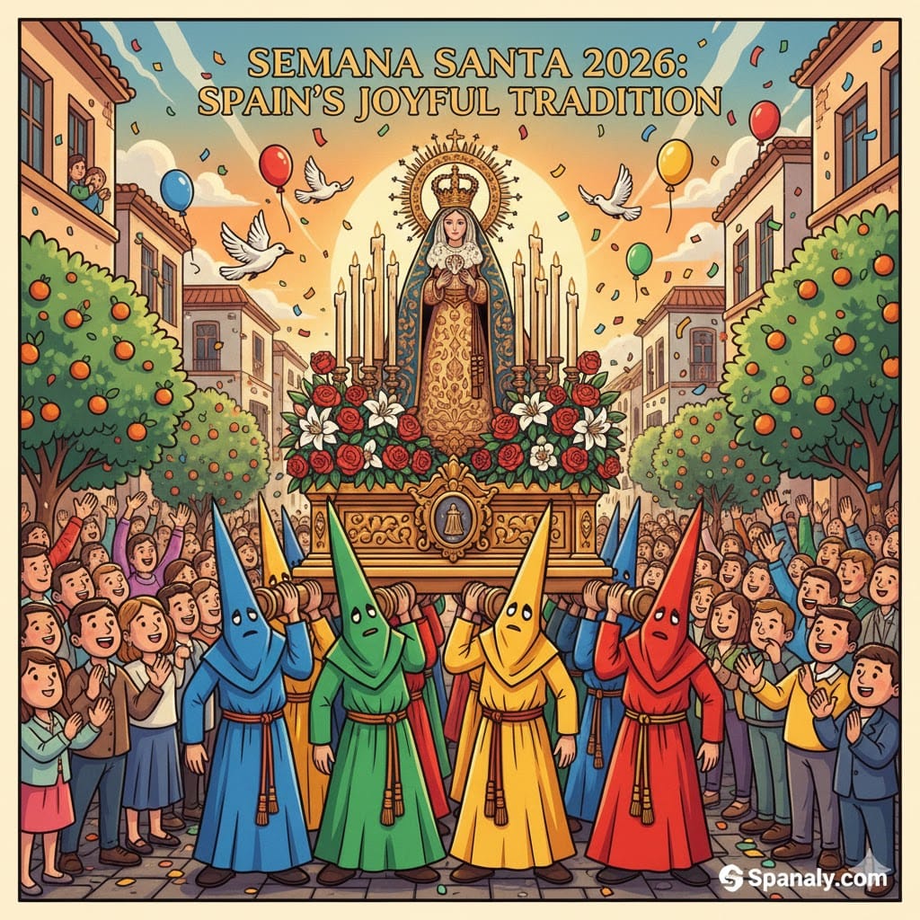 A colorful illustration of Semana Santa 2026 in Spain, showing a traditional religious procession with Nazarenos in vibrant robes, orange trees, and a joyful crowd in a cartoon art style.