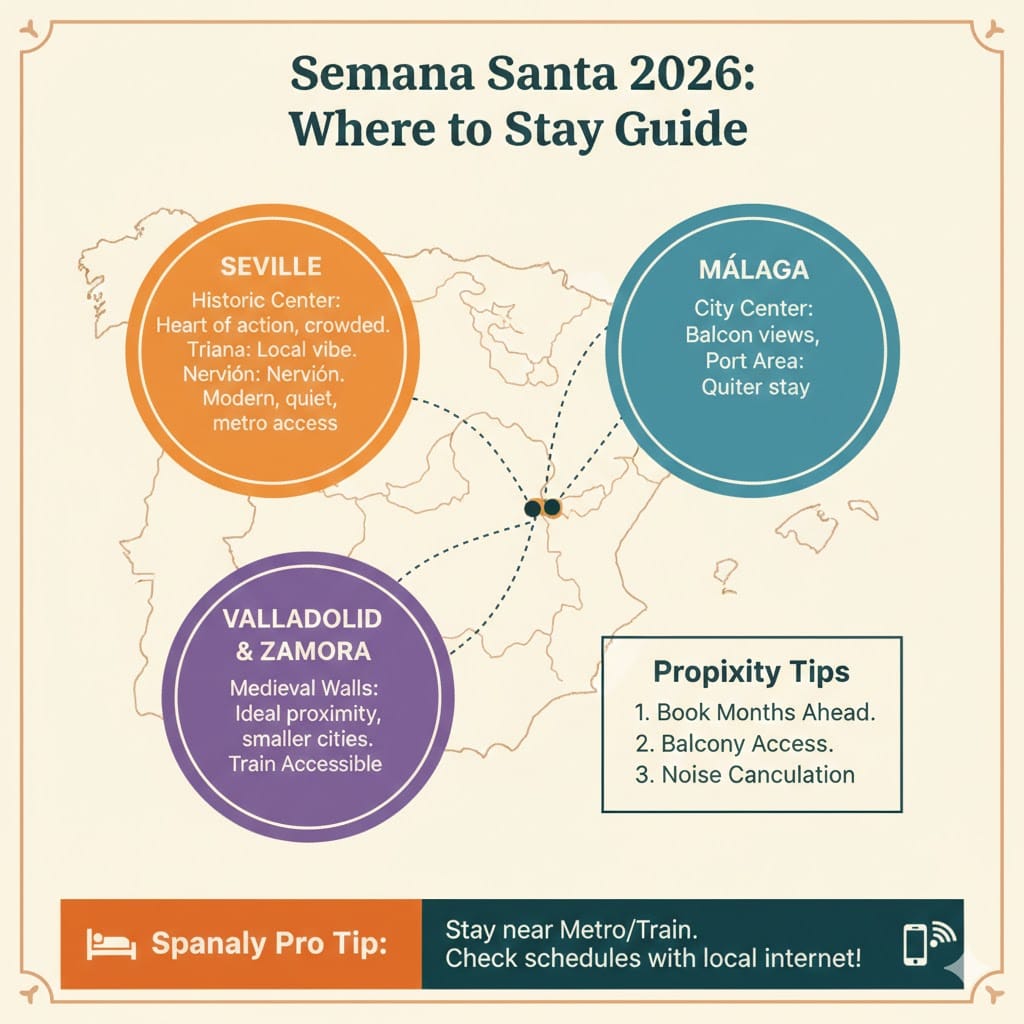 An infographic guide for staying in Spain during Semana Santa, highlighting the best areas in Seville, Málaga, and Valladolid with proximity tips.