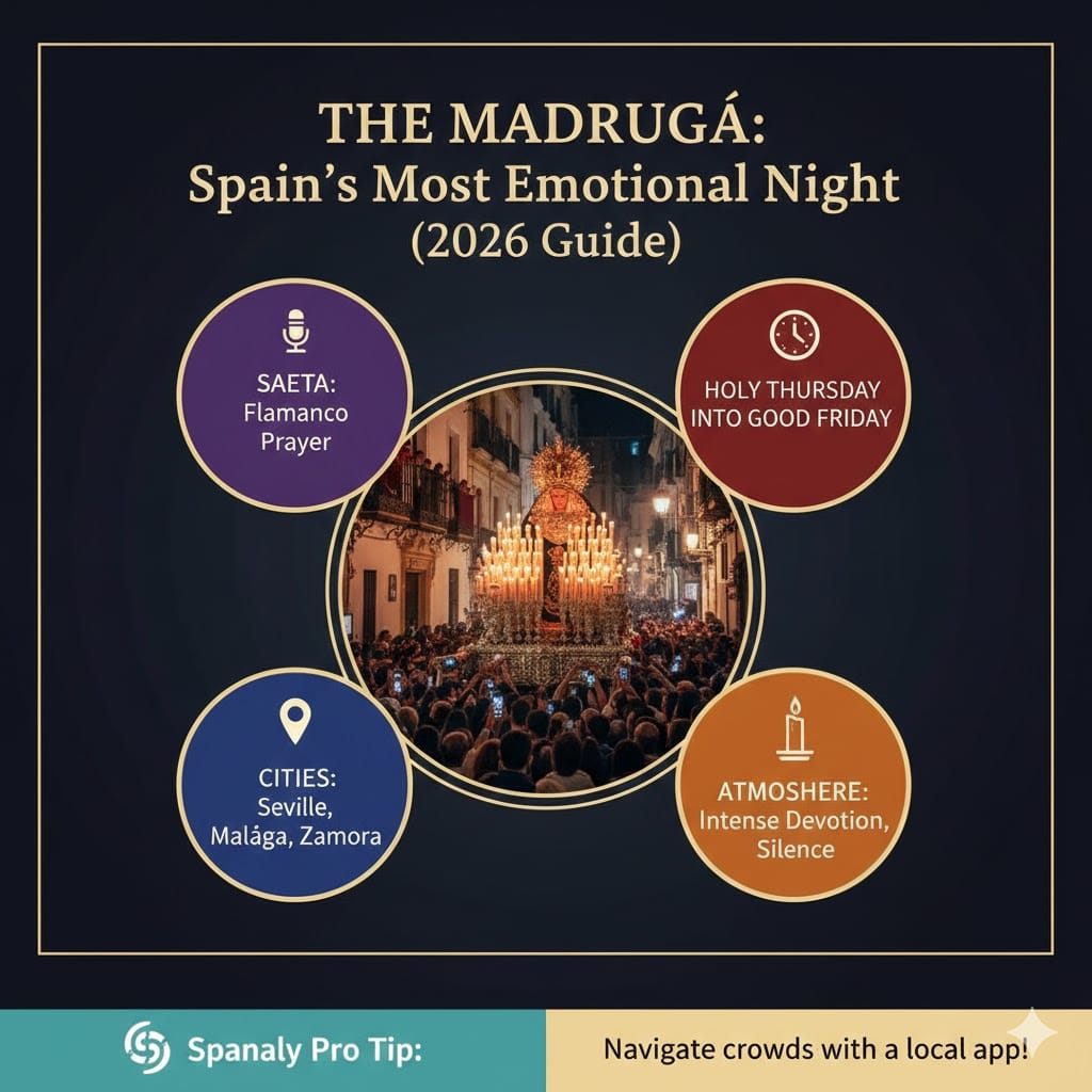 A detailed infographic about The Madrugá in Spain, showing key features like the Saeta prayer, timing from Holy Thursday to Good Friday, and the intense atmosphere in Seville.