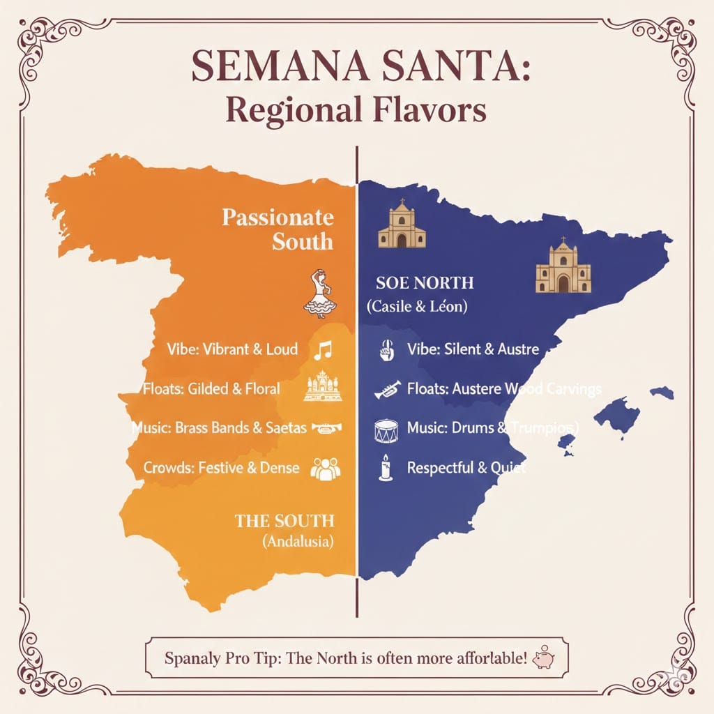 A comparison infographic of Semana Santa in Spain showing the differences between the passionate South (Andalusia) and the solemn North (Castile and León).