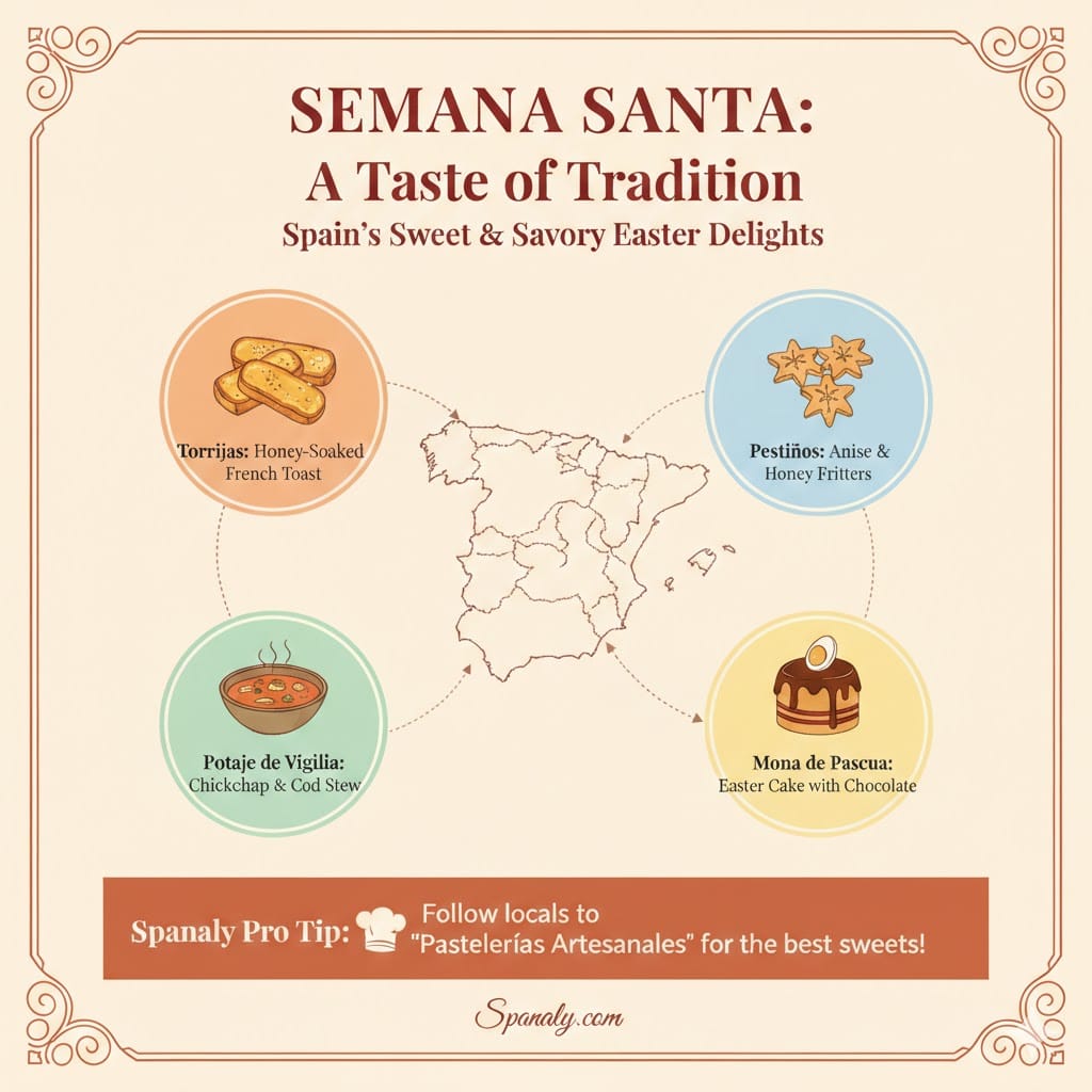 An infographic showing traditional Spanish Easter foods including Torrijas, Pestiños, Potaje de Vigilia, and Mona de Pascua with a Spanaly pro tip.