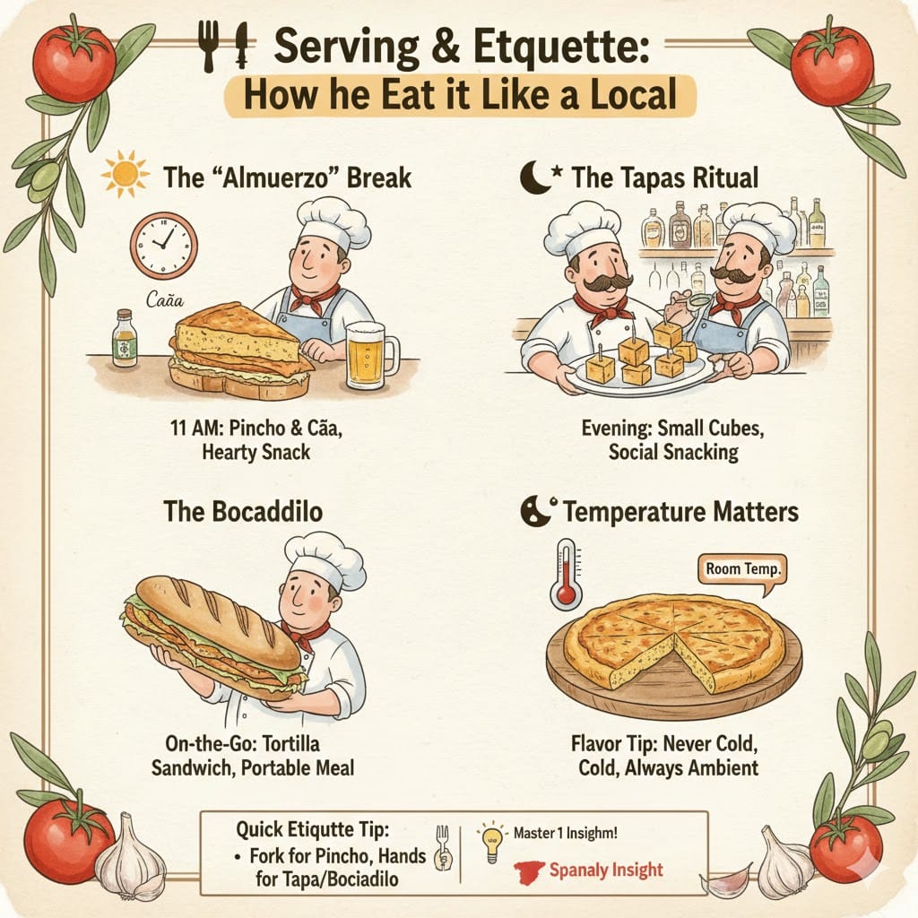 A colorful infographic titled Serving & Etiquette: How to Eat it Like a Local. It illustrates four scenarios: The Almuerzo Break (11 AM Pincho), The Tapas Ritual (evening cubes), The Bocadillo (sandwich), and Temperature Matters (served at room temperature). Features the Spanaly.com logo and a Spain map.